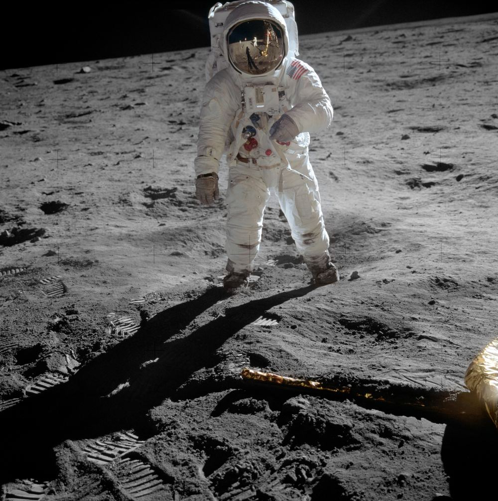 Buzz Aldrin on the Moon, Armstrong reflected in his gold visor