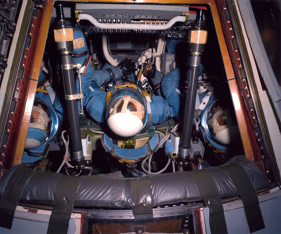 The Apollo 1 crew in pressure suits during training