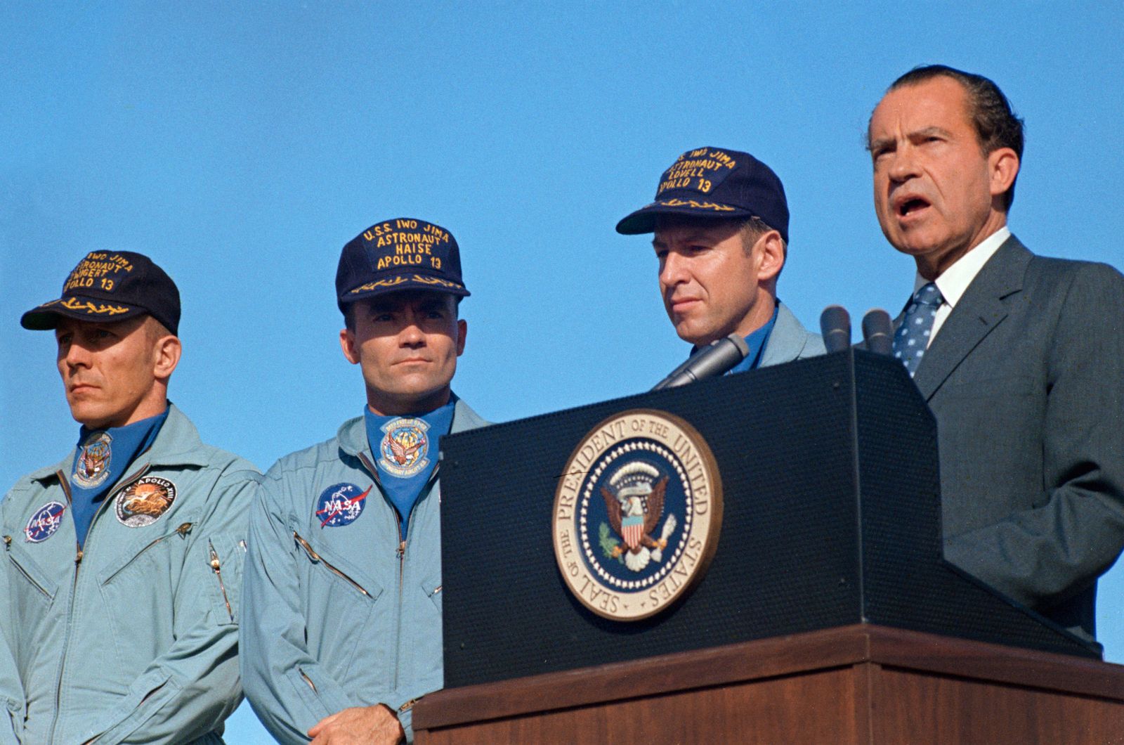 The Apollo 13 crew: Lovell, Swigert, and Haise