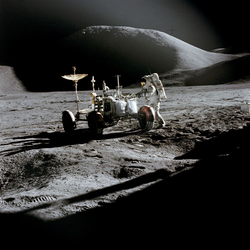 The lunar rover parked against the Apennine mountains