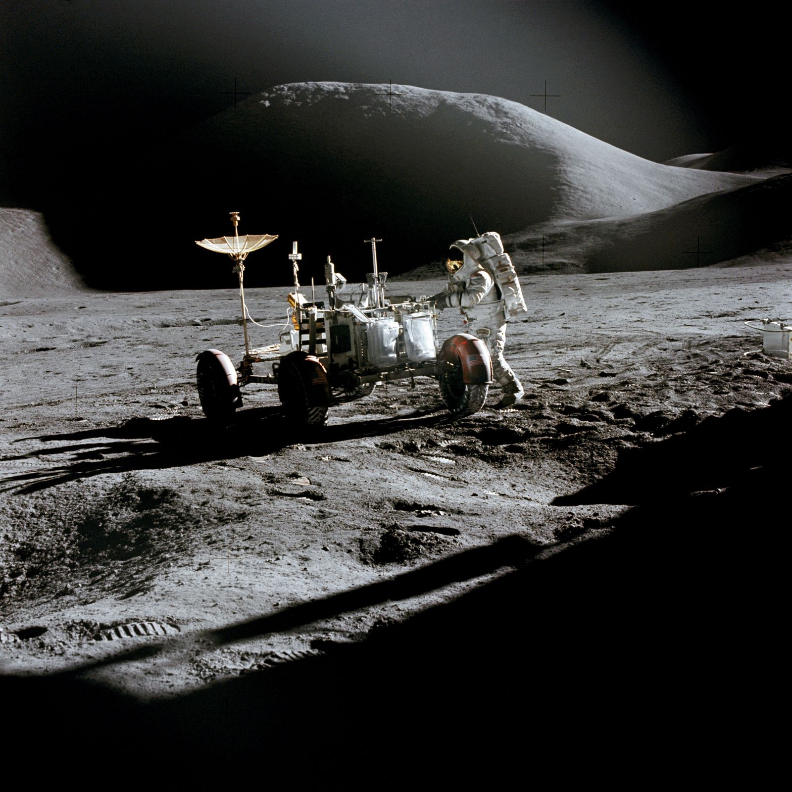 The lunar rover parked against the Apennine mountains