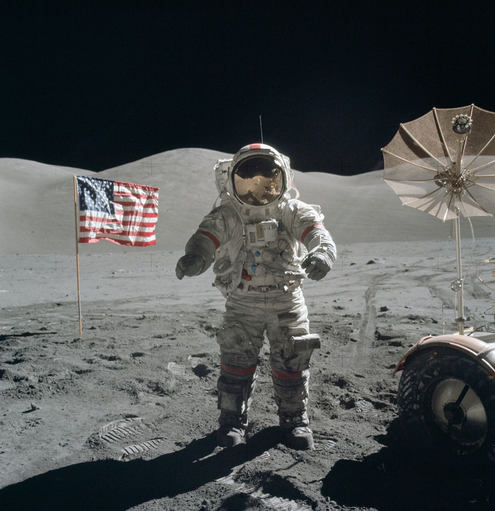 Gene Cernan at the lunar rover in the Taurus-Littrow valley