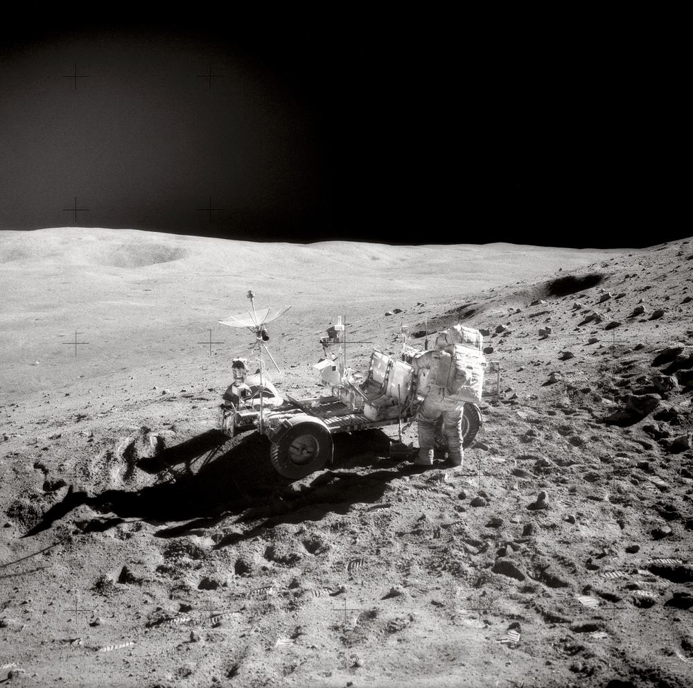 The Descartes highlands with the rover and an astronaut