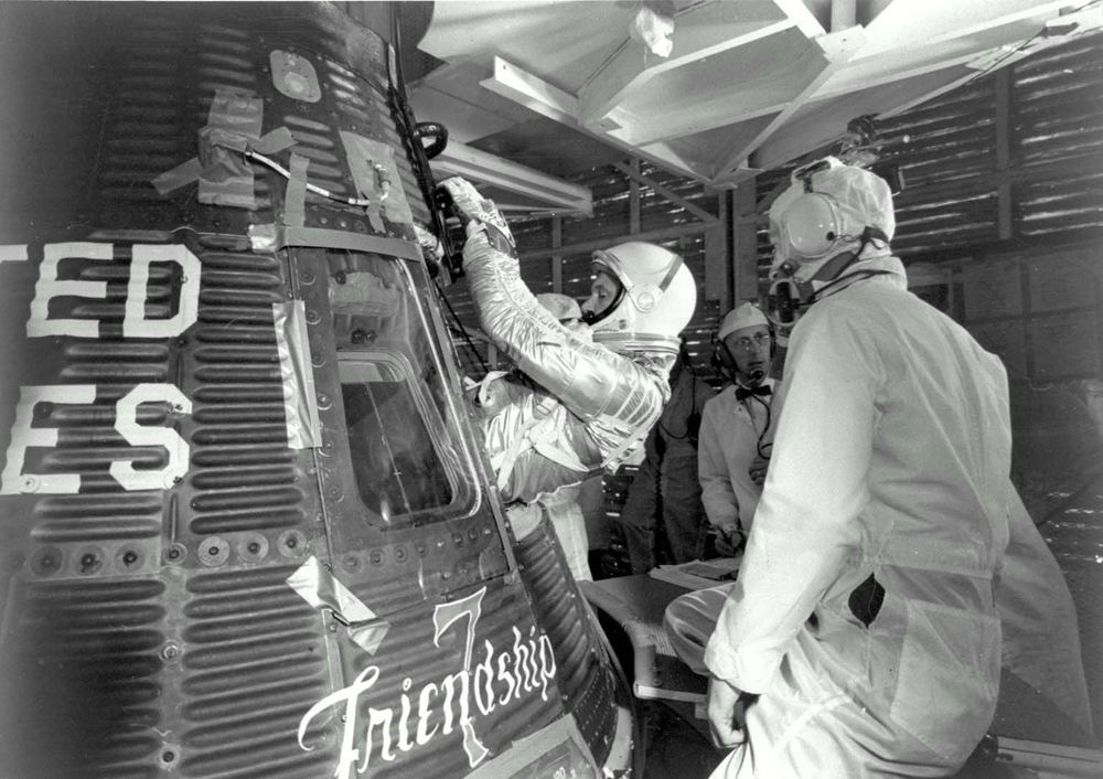 John Glenn entering the Friendship 7 capsule