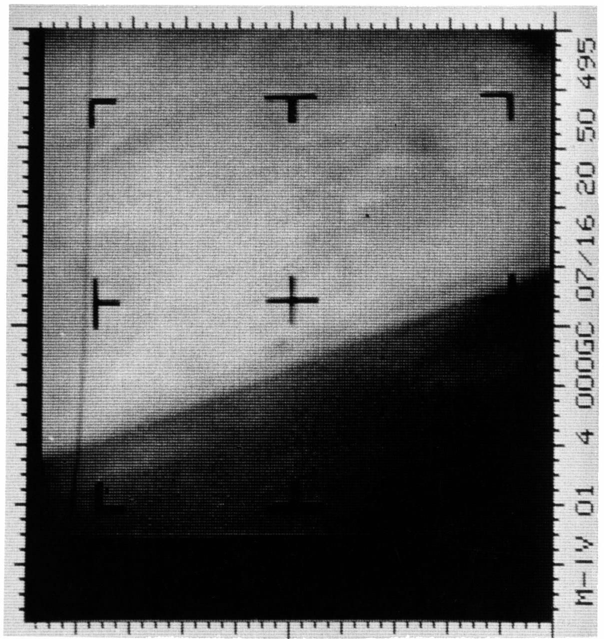 Mariner 4's first close photograph of Mars