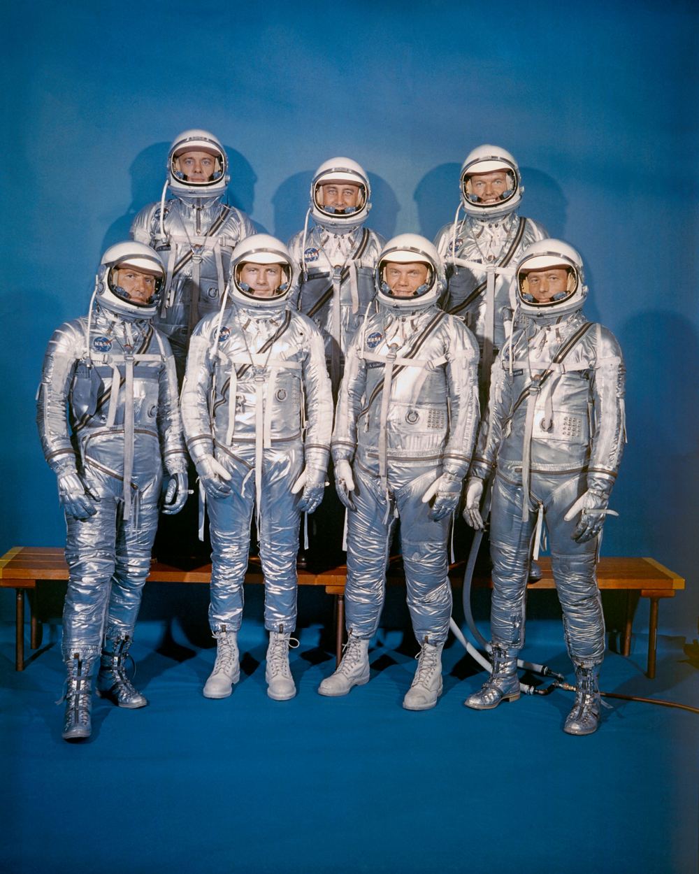 The seven Mercury astronauts in silver pressure suits
