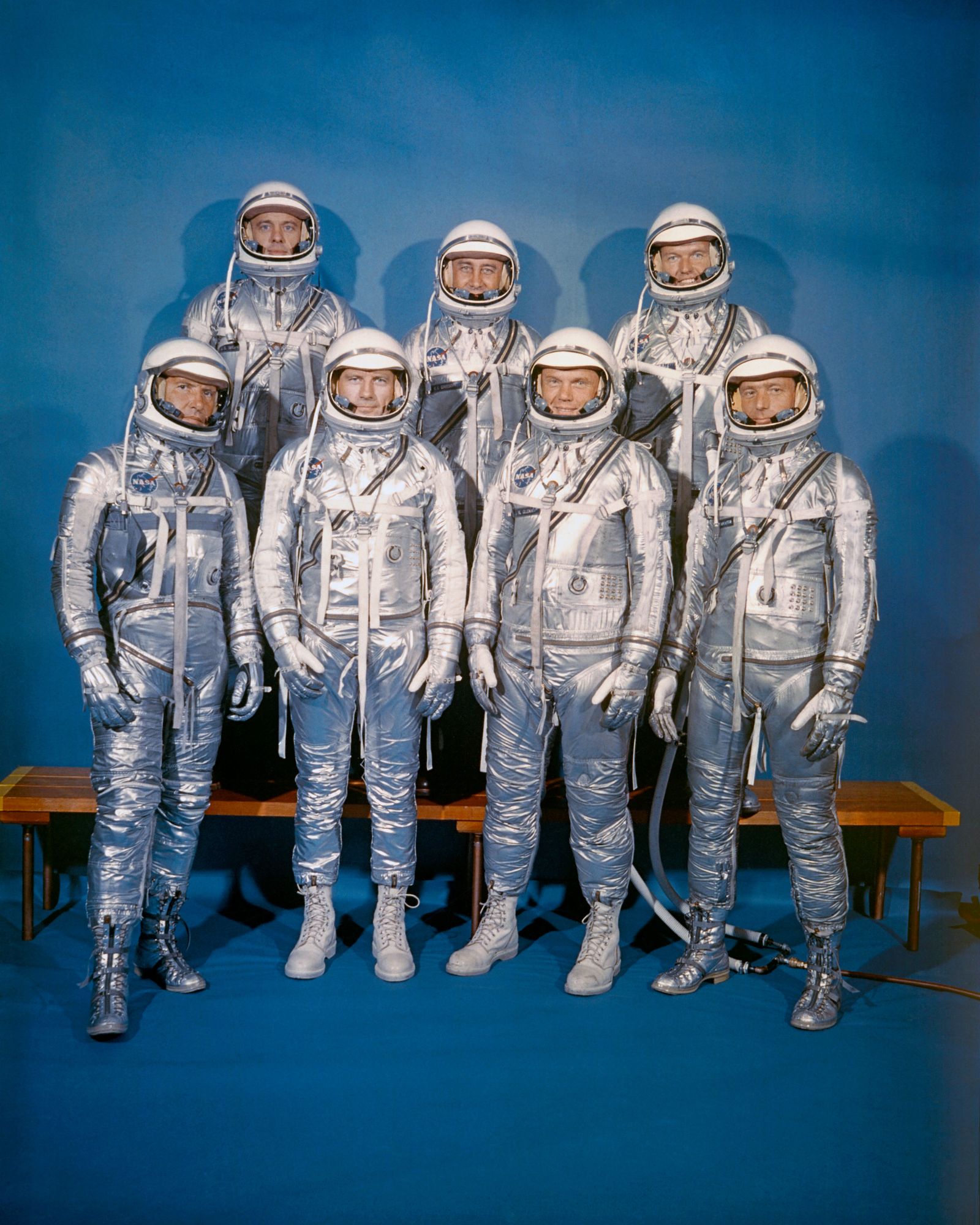 The seven Mercury astronauts in silver pressure suits