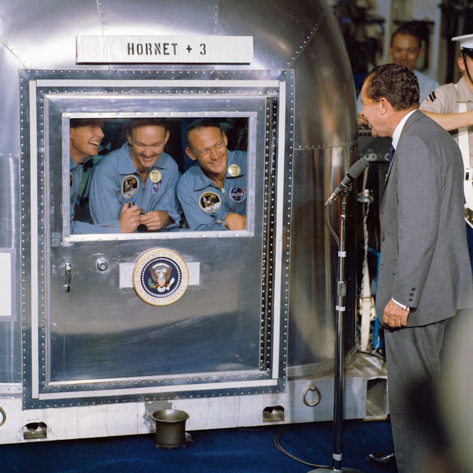 The Apollo 11 crew in the Mobile Quarantine Facility trailer
