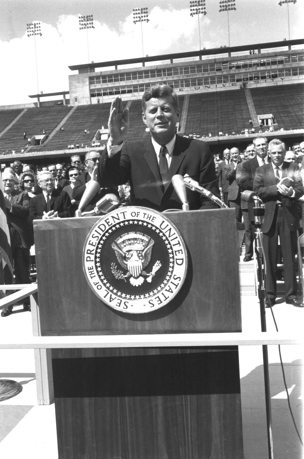 President Kennedy speaking at Rice University stadium in 1962