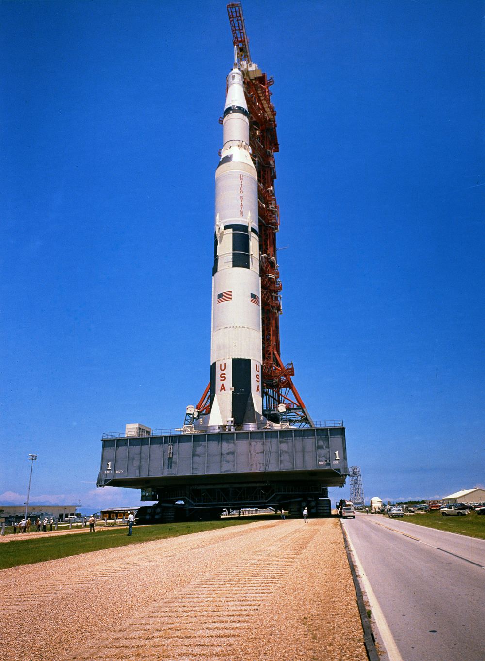The Saturn V rolling out of the Vehicle Assembly Building on the crawler