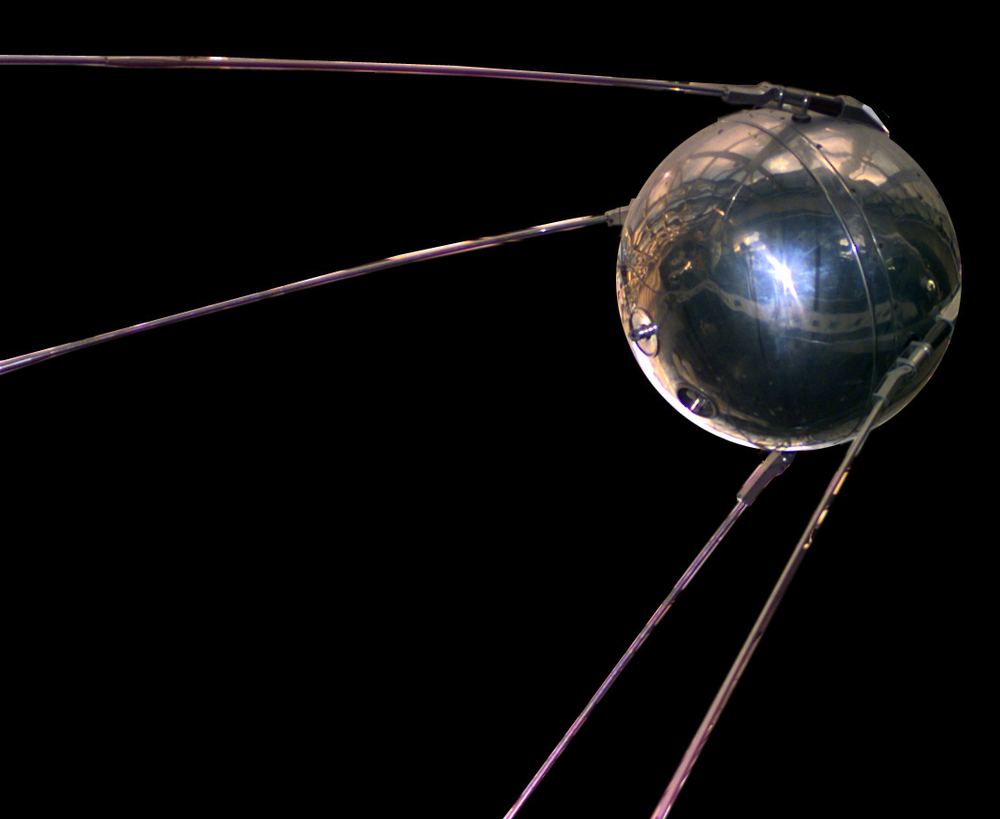 Sputnik 1, a polished metal sphere with four trailing antennas