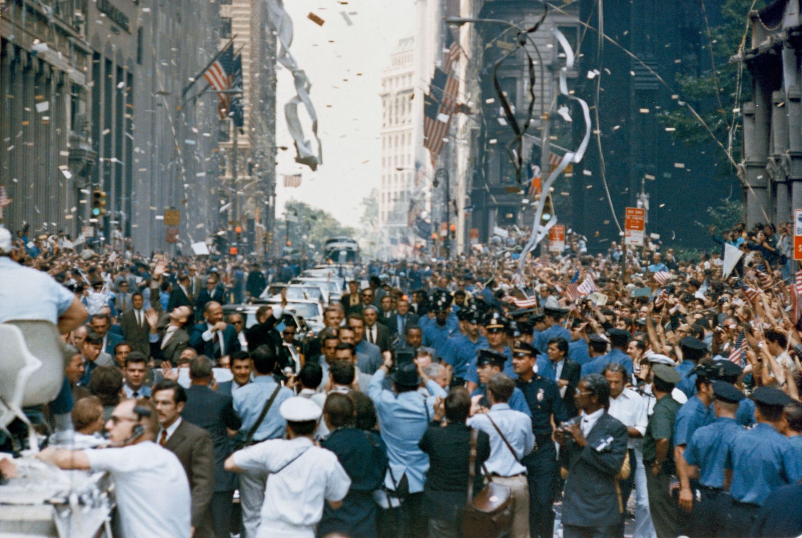 Crowds greeting the Apollo 11 astronauts on their world tour